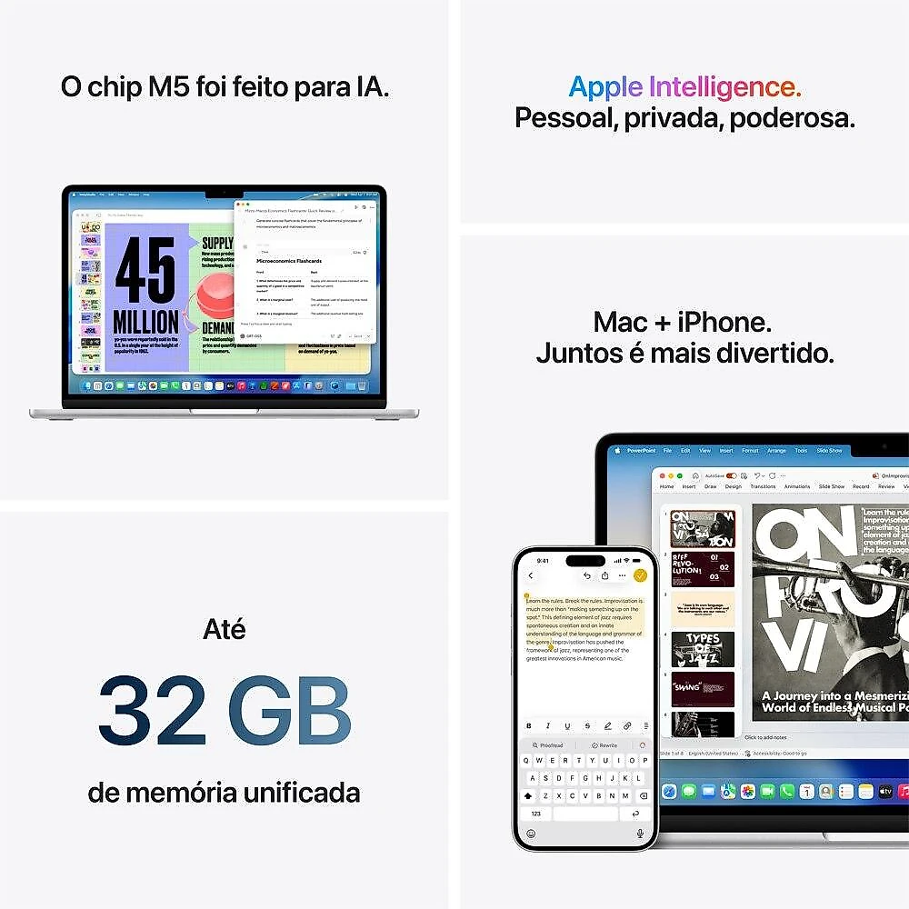 MacBook Air de 15 polegadas: Chip M5 da Apple com CPU de 10 núcleos e GPU de 10 núcleos., de 512 GB SSD - Prateado