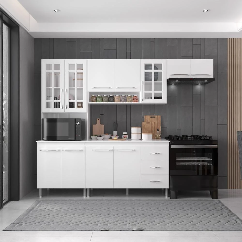 Armário de Cozinha Modulada Compacta Viena 11 Portas 3 Gavetas MDP 260CM Branco Fidelita Móveis