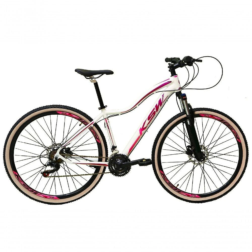 Bicicleta Aro 29 Ksw Mwza Feminina Alumínio Câmbios Shimano Freio Hidráulico 24v K7 Garfo C-trava Branco-Rosa 15