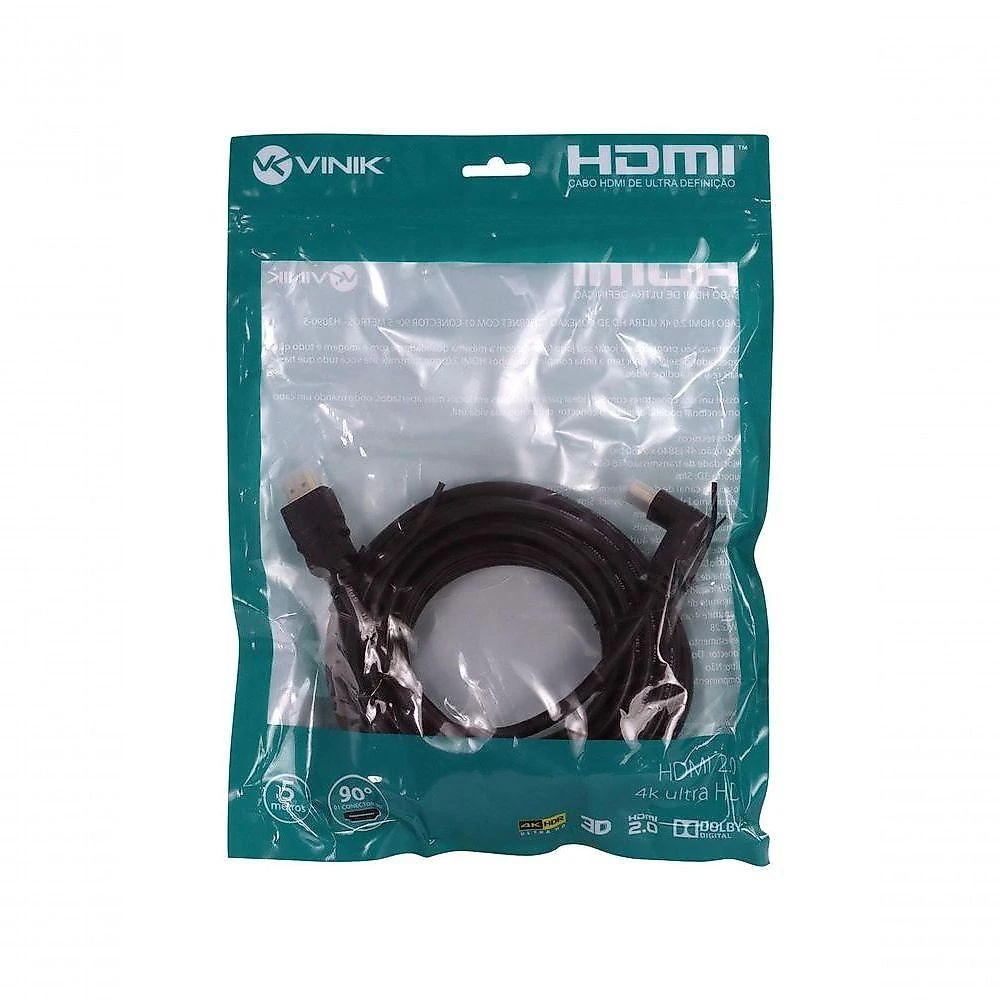Cabo HDMI H2090-5 2.0 4K ULTRA HD 3D com Ethernet HDR Conector 90o 5M Vinik