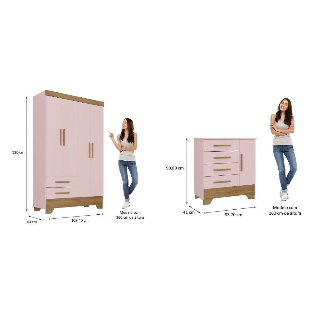 Miniatura Quarto Infantil Completo Guarda Roupa 4 Portas 2 Gavetas com Cômoda Liz Rosa Fosco/Nature