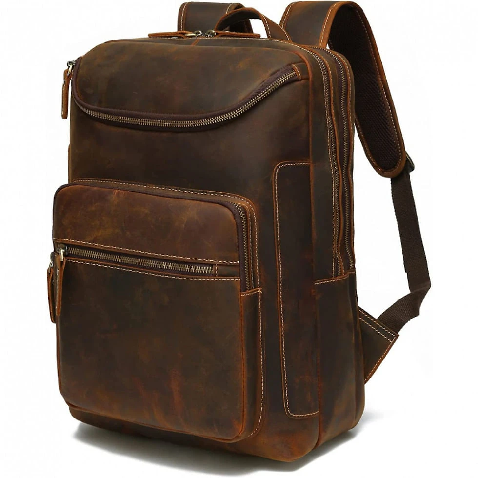 Lannsyne Mochila Unissex de Couro para Laptop , Marrom