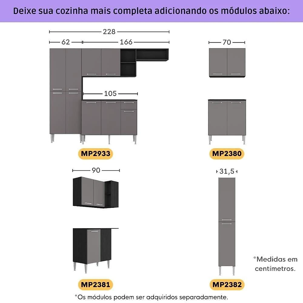 Armário Cozinha Modulada Completa 298cm Pequim Top Multimóveis Mp3769 Preto-lacca Fumê