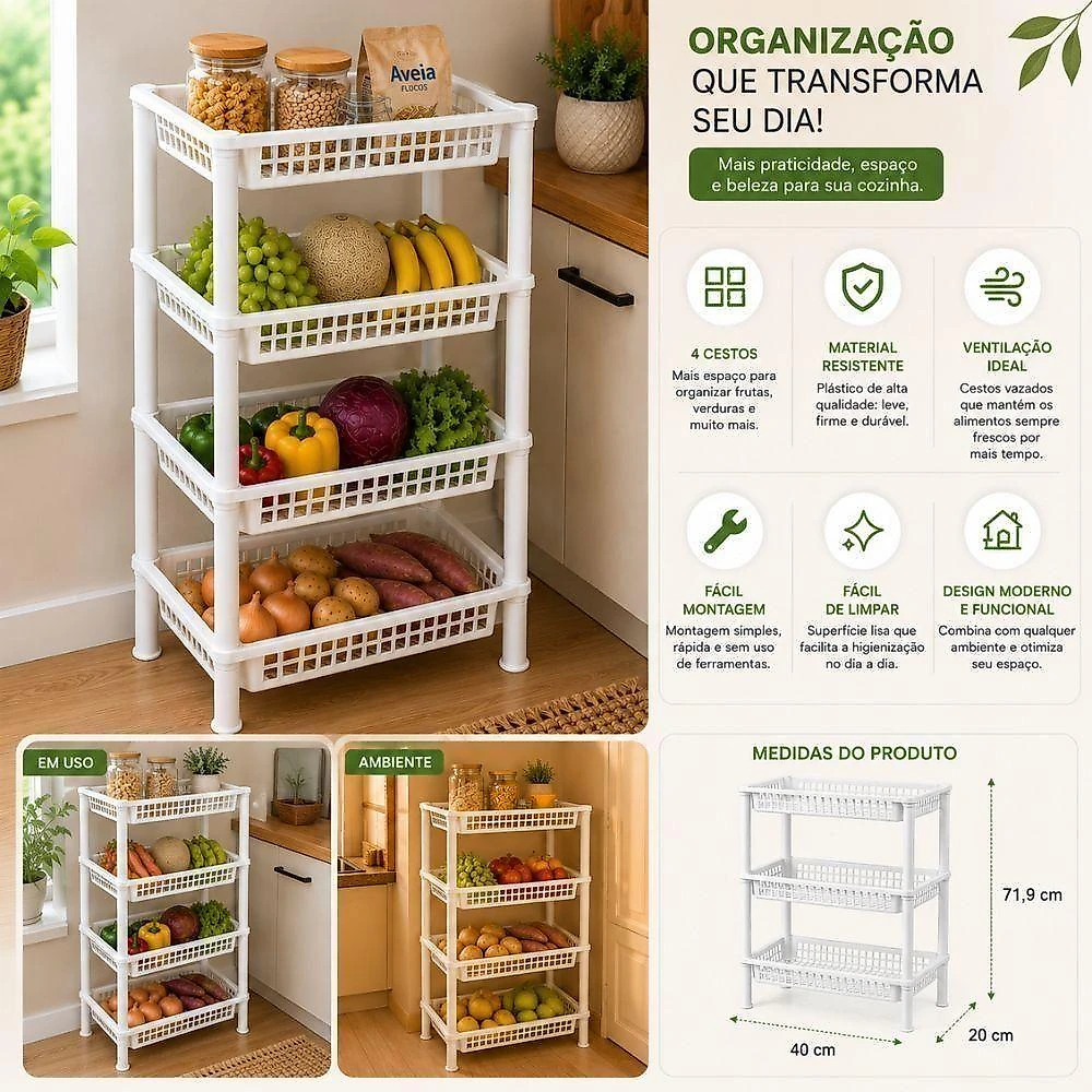 Kit Fruteira de Chão FR-05 Estante Organizadora 4 Andares Plástico PP Branca Yeet