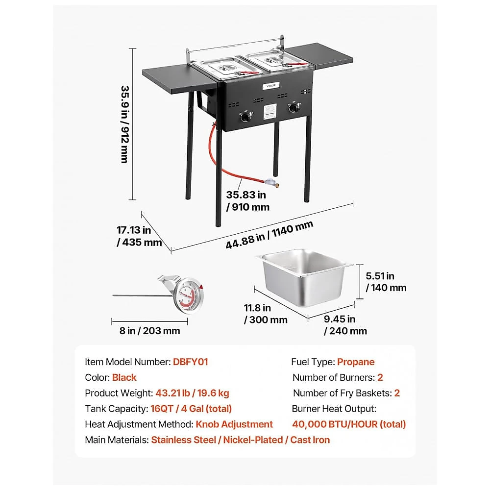 Fritadeira a Gás Outdoor VEVOR Dupla Inox 18L 2 Cestos Termômetro Uso Externo