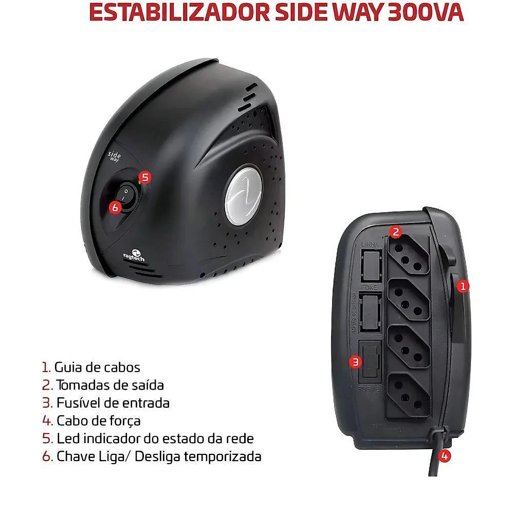 Estabilizador SDW 300 300VA M1s 60Hz 110V Preto Ragtech 4 Tomadas Proteção Surtos