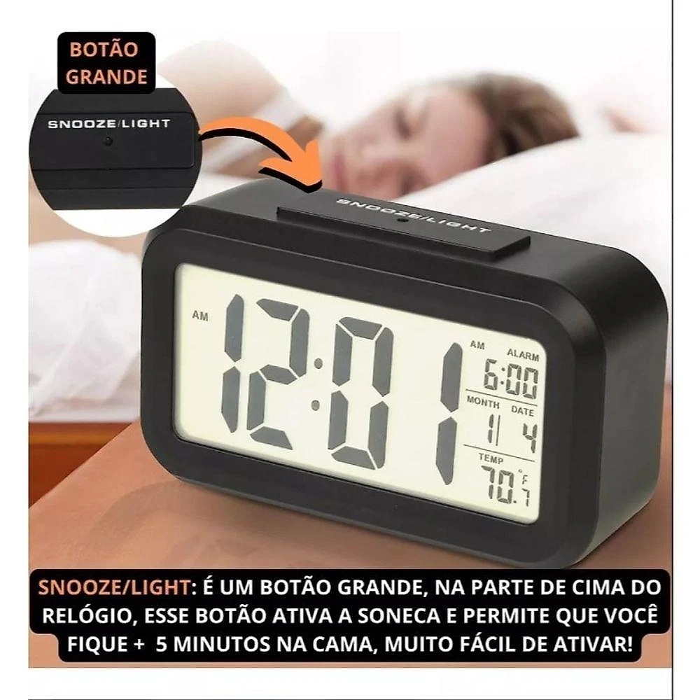 Relógio Despertador Digital OEM com Luz Noturna Função Soneca Calendário Termômetro °C-°F e Visor