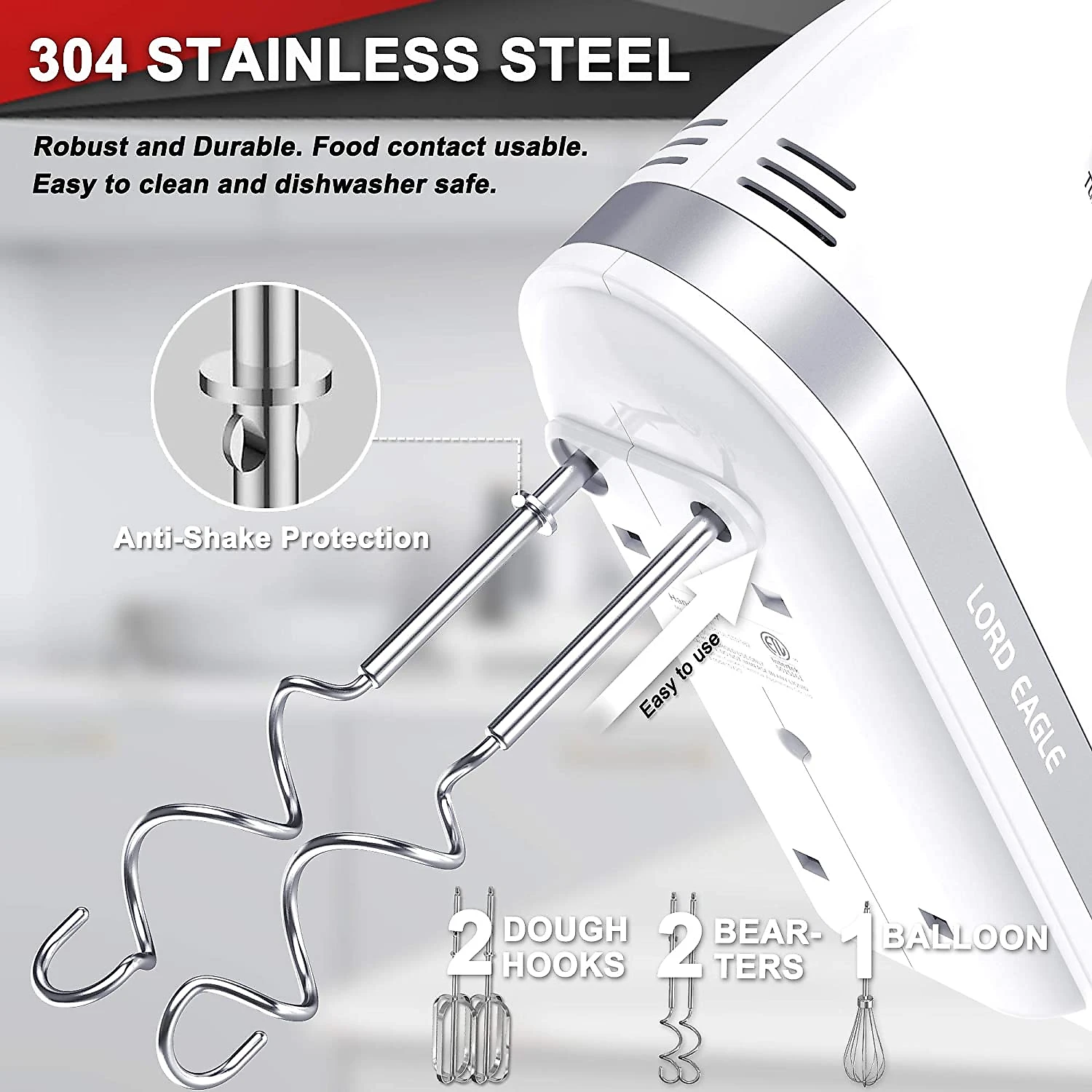 Lord Eagle Batedeira de Mão 5 Velocidades c4 Acessórios Aço In oxidável 400W 110V Branco