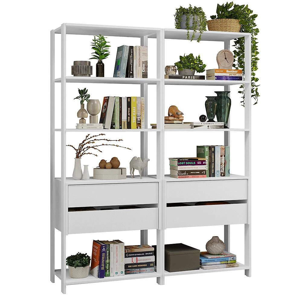 Estante armário multiuso para livros 4 gavetas 8 prateleiras 140cm branco madesa