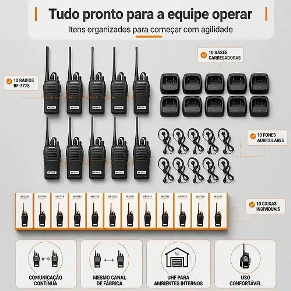 Rádio Comunicador B-Max Baofeng BF777S UHF 400-470 Mhz 16 Canais 5W Alcance 12 Km VOX Preto Kit 10