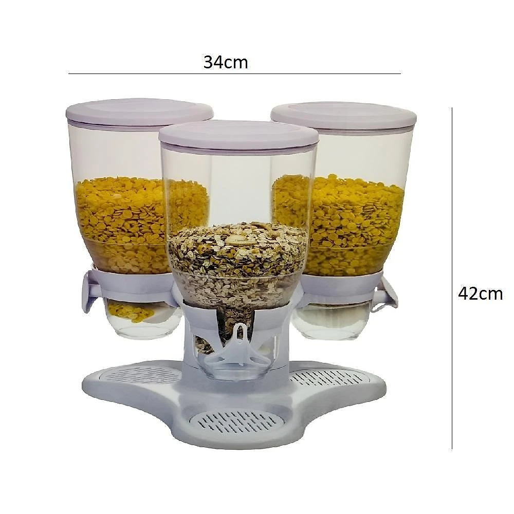 Dispenser Cereais Triplo Giratorio Porta Mantimentos E Alimentos Graos Com 3 Potes Mesa E Bancada