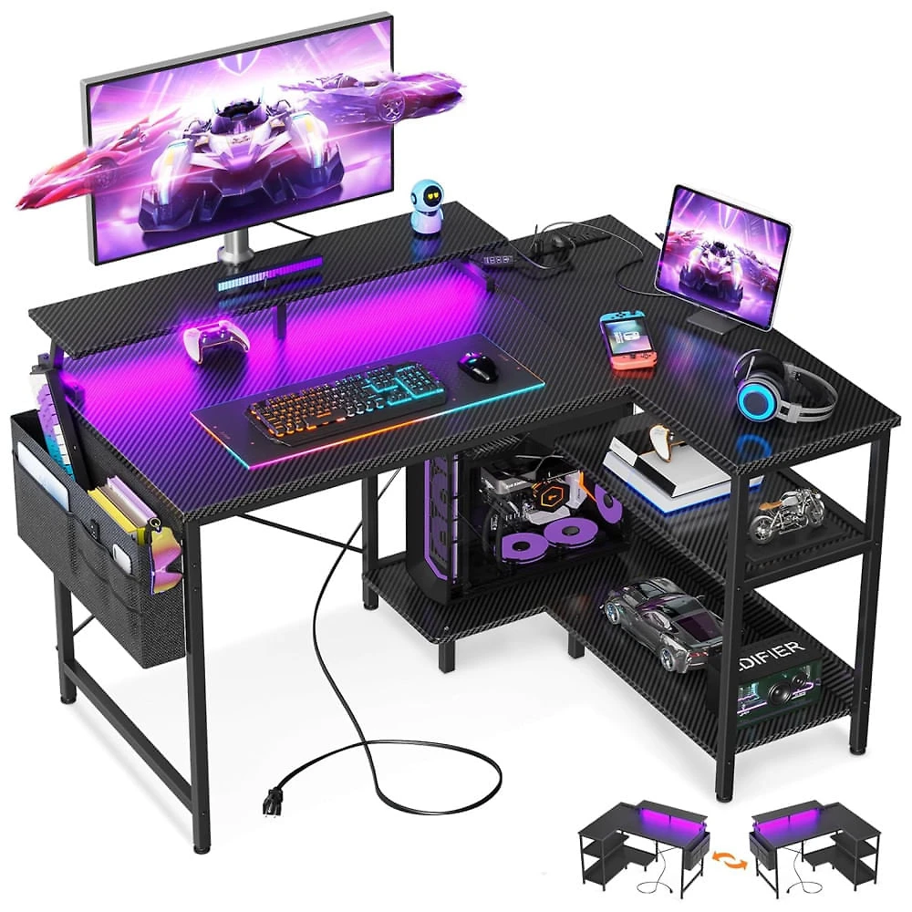 Mesa Gamer de Fibra de Carbono 40" 101 cm com Tomadas, Portas USB, Luz LED, Prateleiras de Armazenamento e Suporte para Monitor, 110V, ODK, Preto