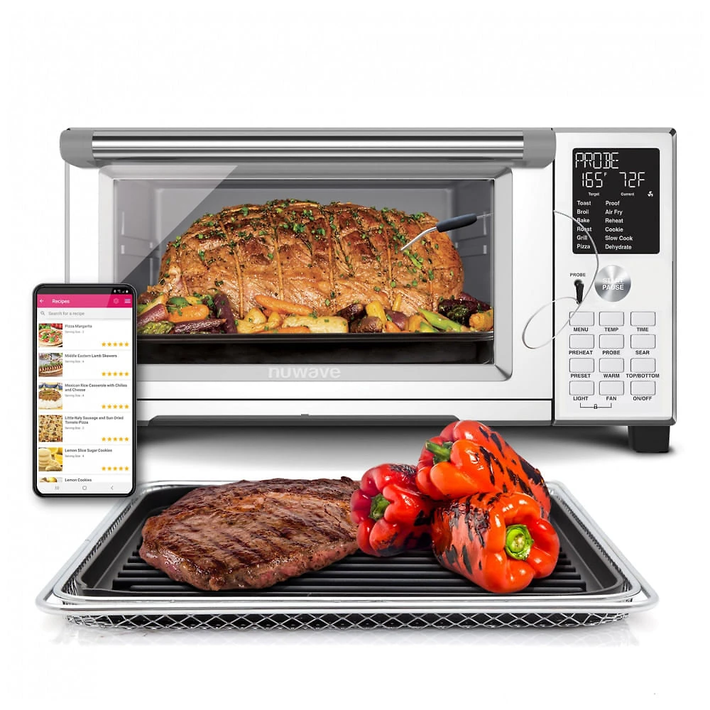 Forno elétrico de bancada Nuwave Bravo XL Grill inox 28 L, air fryer, convecção, grill, 100 funções, 50–260 °C, 110V