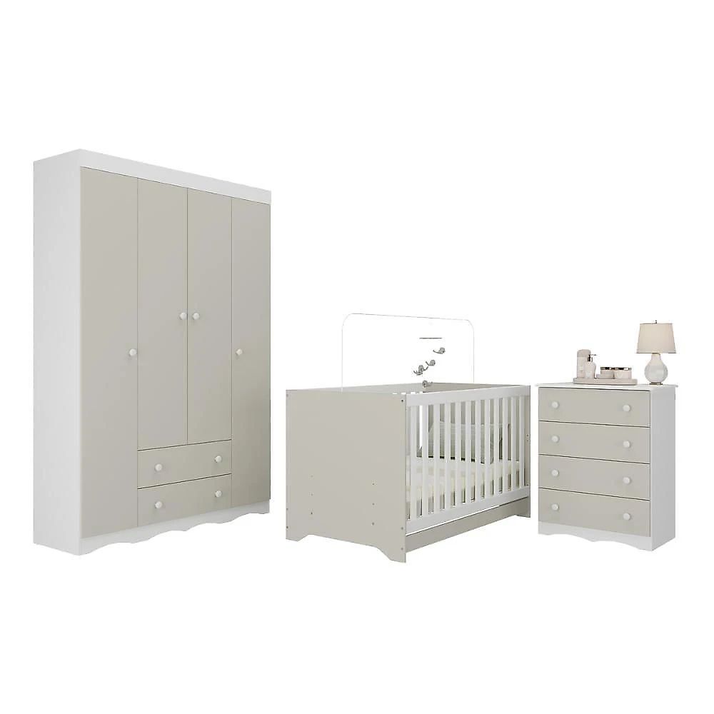 Quarto De Bebê Completo Com Berço Americano 3 Em 1 Realeza Multimóveis MP4587 Branco-off White