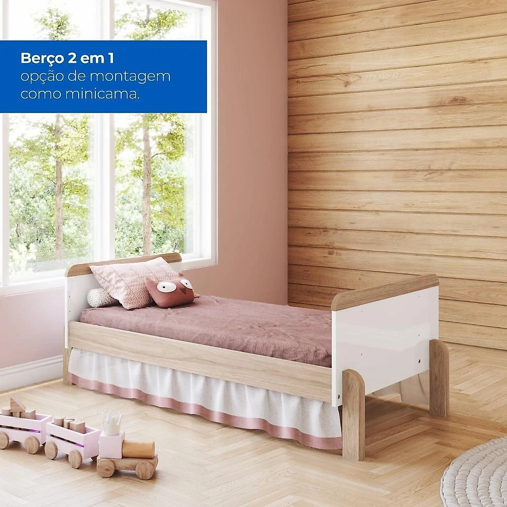 Conjunto Quarto de Bebê Berço 2 em 1 e Guarda-Roupa Yuri Branco/Jequitibá HP