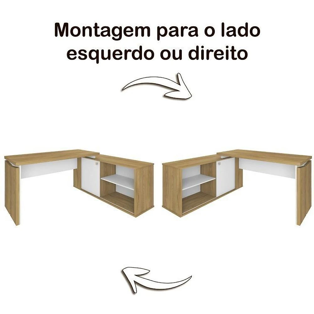 Kit 2 Peças com Escrivaninha em L com Porta de Correr e Armário Alto Multiuso Olmo/Branco