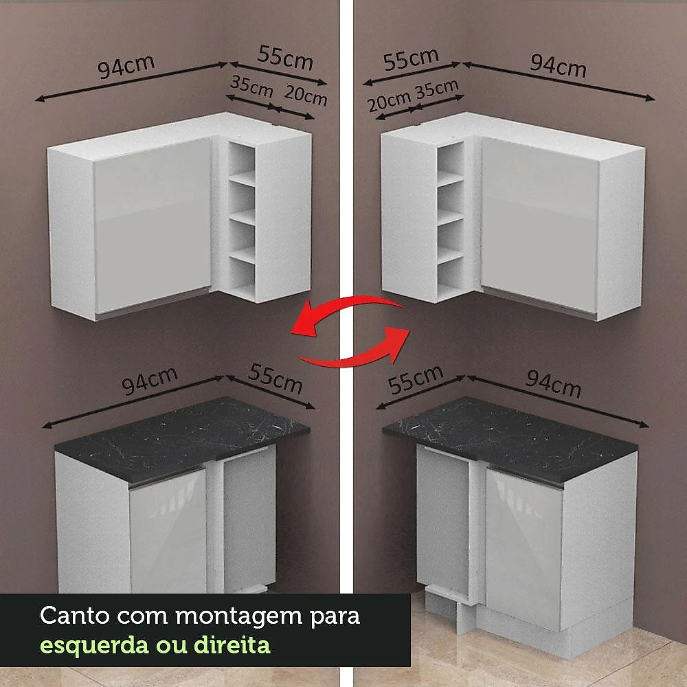 Armário de Cozinha Completa Canto 100% MDF Madesa Acordes XA419001 (Sem Tampo) Portas Branco Brilho Branco