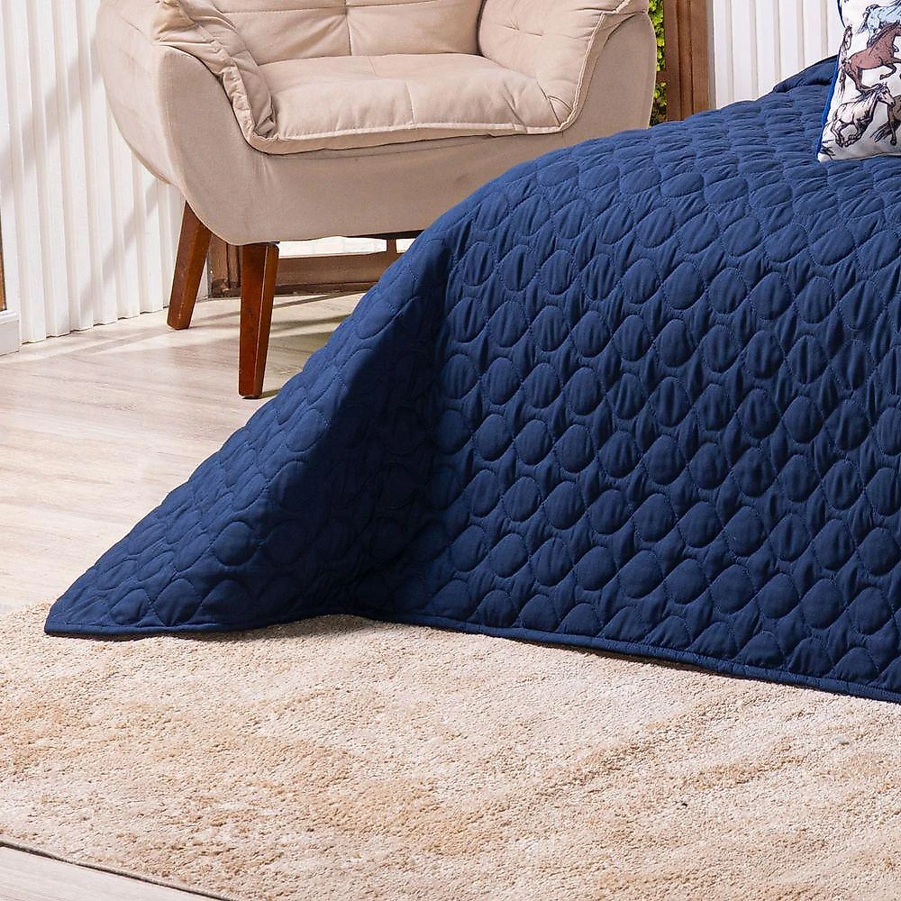 Kit Cobre Leito Colcha Solteiro Country Com Almofadas Estampadas 05 Peças - Dupla Face Percal 300 Fios Matelado Cor Azul