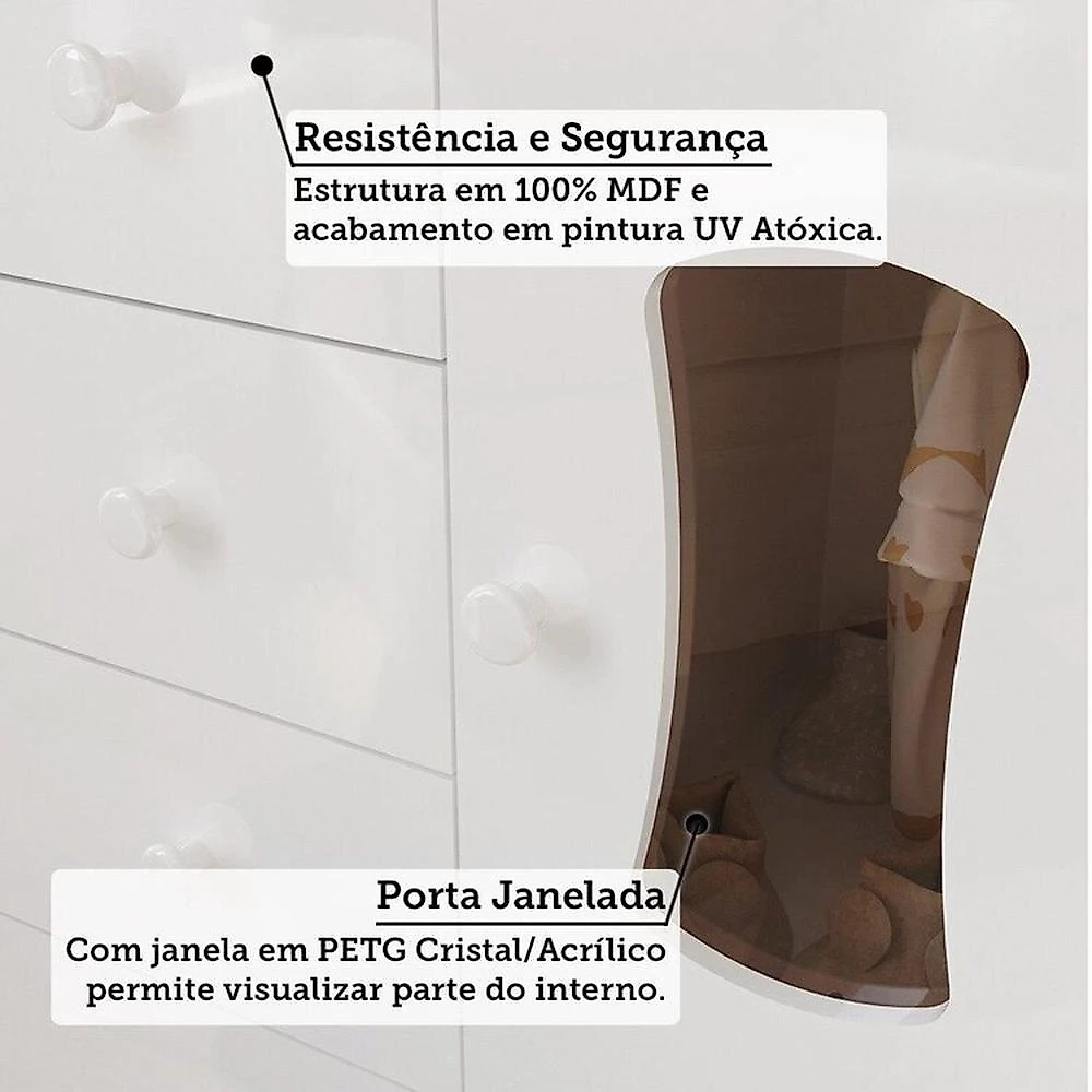 Quarto de Bebê com Berço 3 em 1 e Cômoda Janelada 100% MDF Aurora Espresso Móveis Quarto de Bebê com Cômoda Janelada e Berço Minicama 100% Mdf Aurora Espresso Móveis Branco Brilho