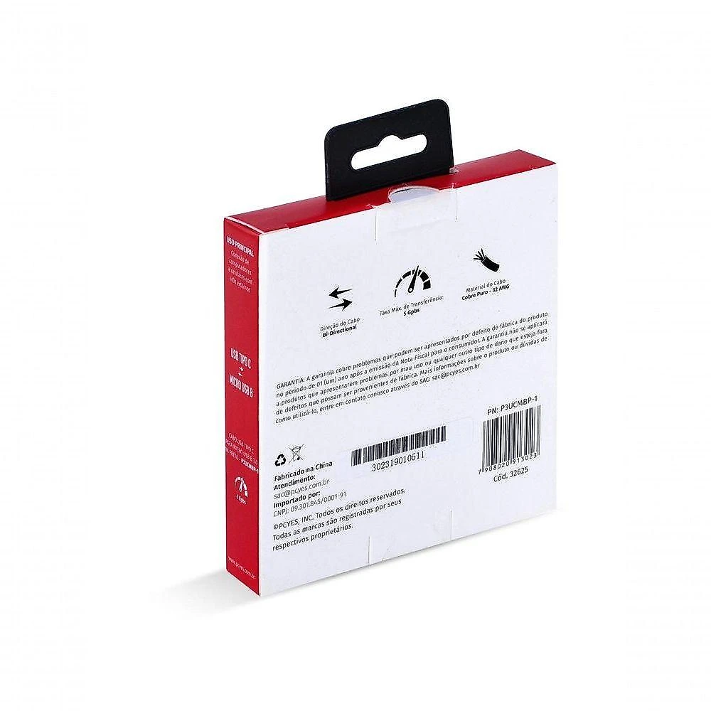 Cabo para HD Externo P3UCMBP-1 USB-C para USB Micro B 3.0 1 METRO 5V 3A Preto Pcyes