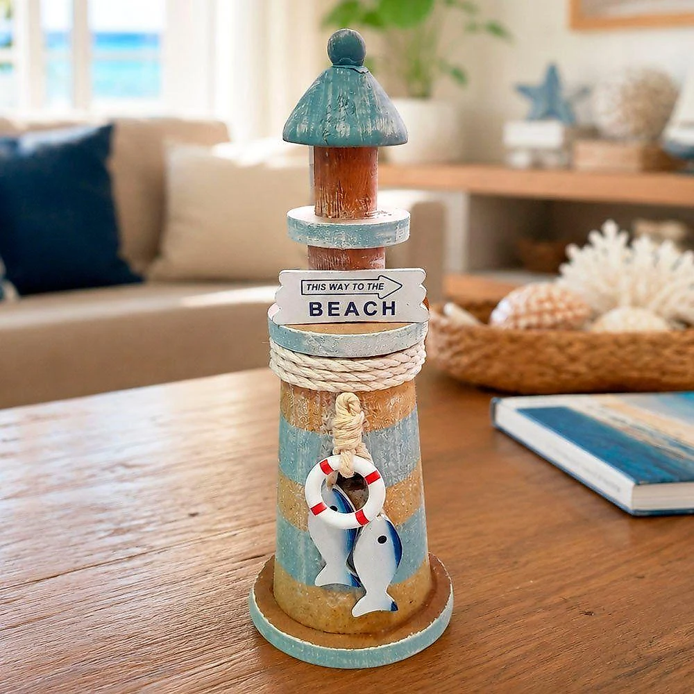 Farol Decorativo Marítimo Artesanal Madeira 22cm Azul