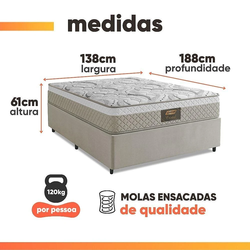 Cama Box Casal Cristal Molas Ensacadas 138x188x61cm Bege
