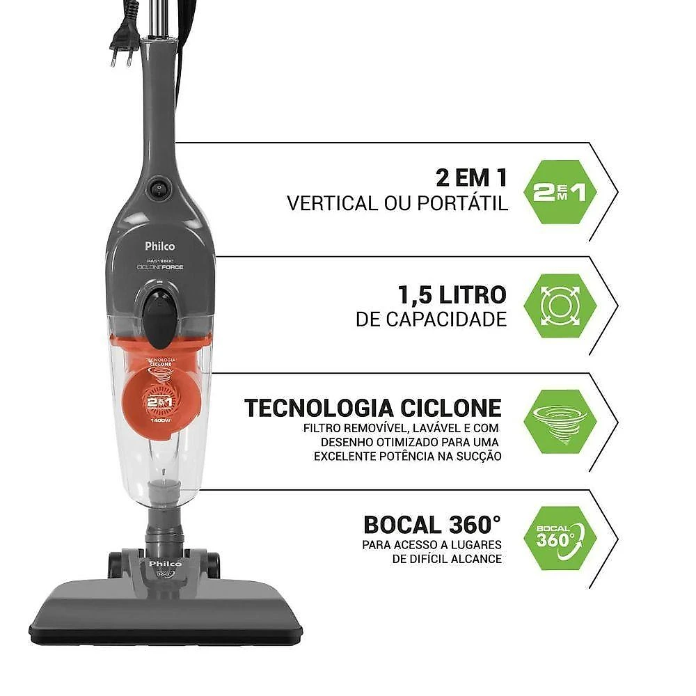 Aspirador De Pó Vertical Philco Ciclone 2 Em 1 1400W PAS1550C 110V