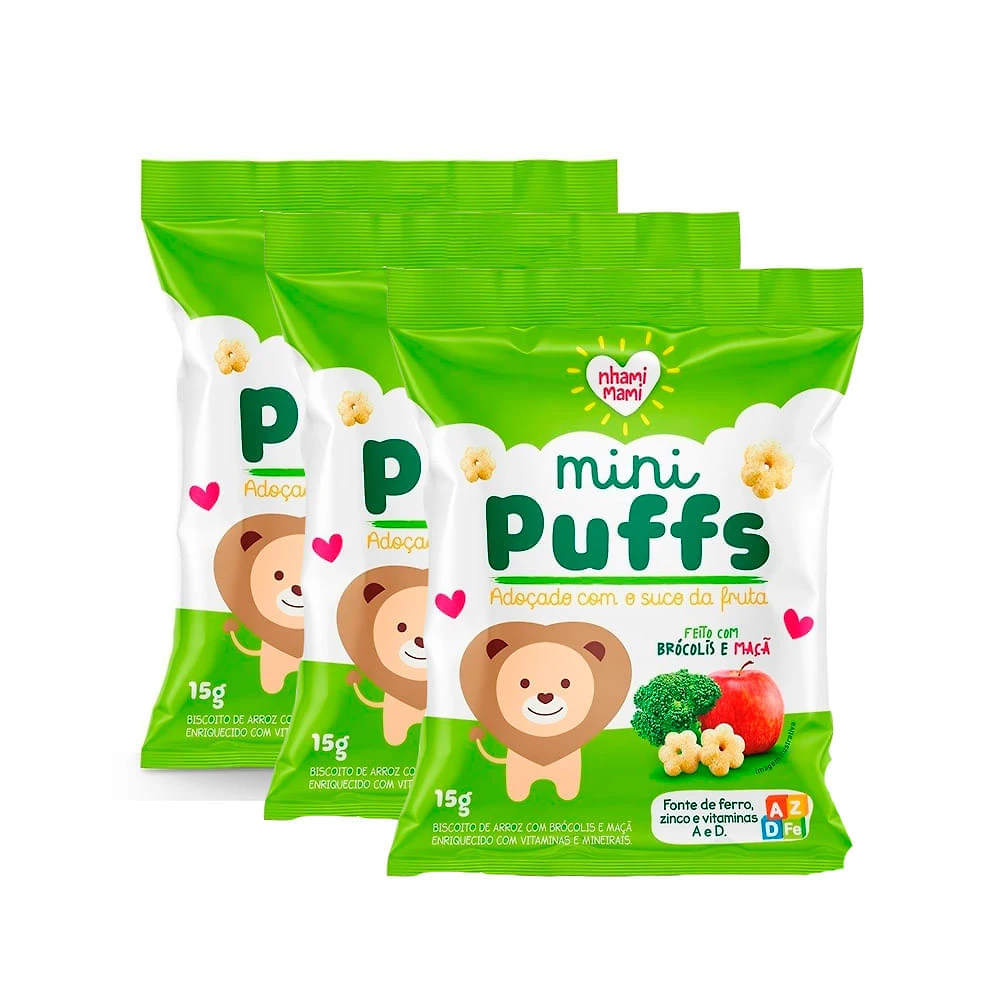 Kit 3 Biscoito Nhami Mami Mini Puffs Snack Brócolis e Maça 15g
