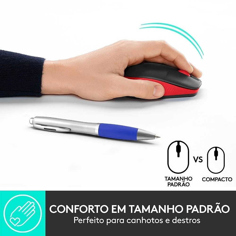 Mouse sem fio Logitech M190 com Design Ambidestro de Tamanho Padrão, Conexão USB e Pilha Inclusa, Vermelho - 910-005904