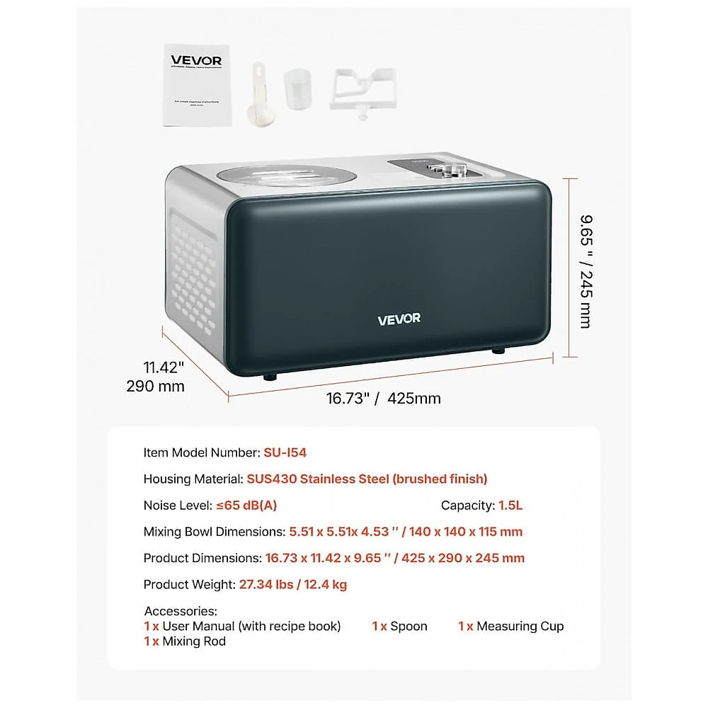 Máquina de Sorvete Automática VEVOR com Compressor Integrado de 1,5 Litros, Geladeira sem Pré-Congelamento, Sorvete Elétrico