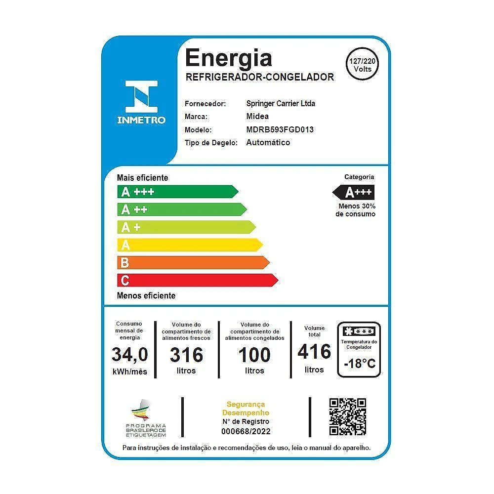 Refrigerador midea frost free duplex inverse 416l inverter branco bivolt (mdrb593fgd013)