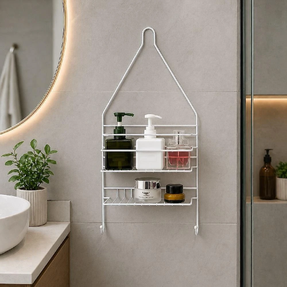 Organizador Suspenso Porta Shampoo Duplo em Ferro 2 Prateleiras Multiuso para Banheiro Branco