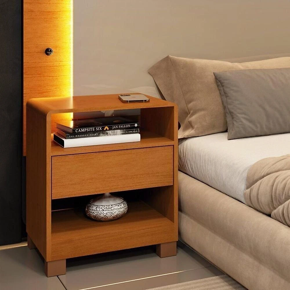 Conjunto Cama Solteiro Mônaco com 2 Mesas de Cabeceira 1 Gaveta Luna em Mdf Cinamomo/Cinamomo