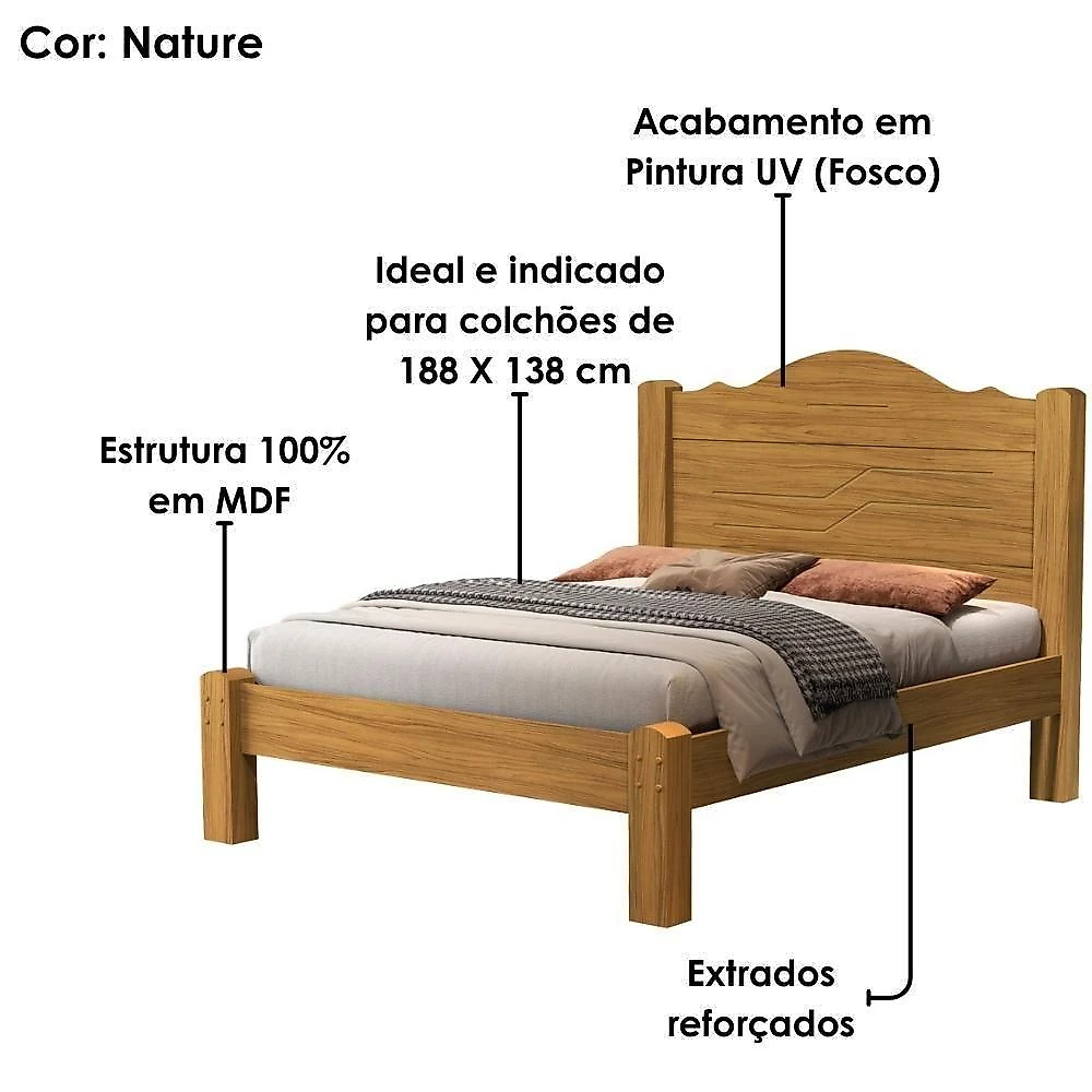 Cama Casal Thalia MDF Fosco Amadeirado Milani Movelaria