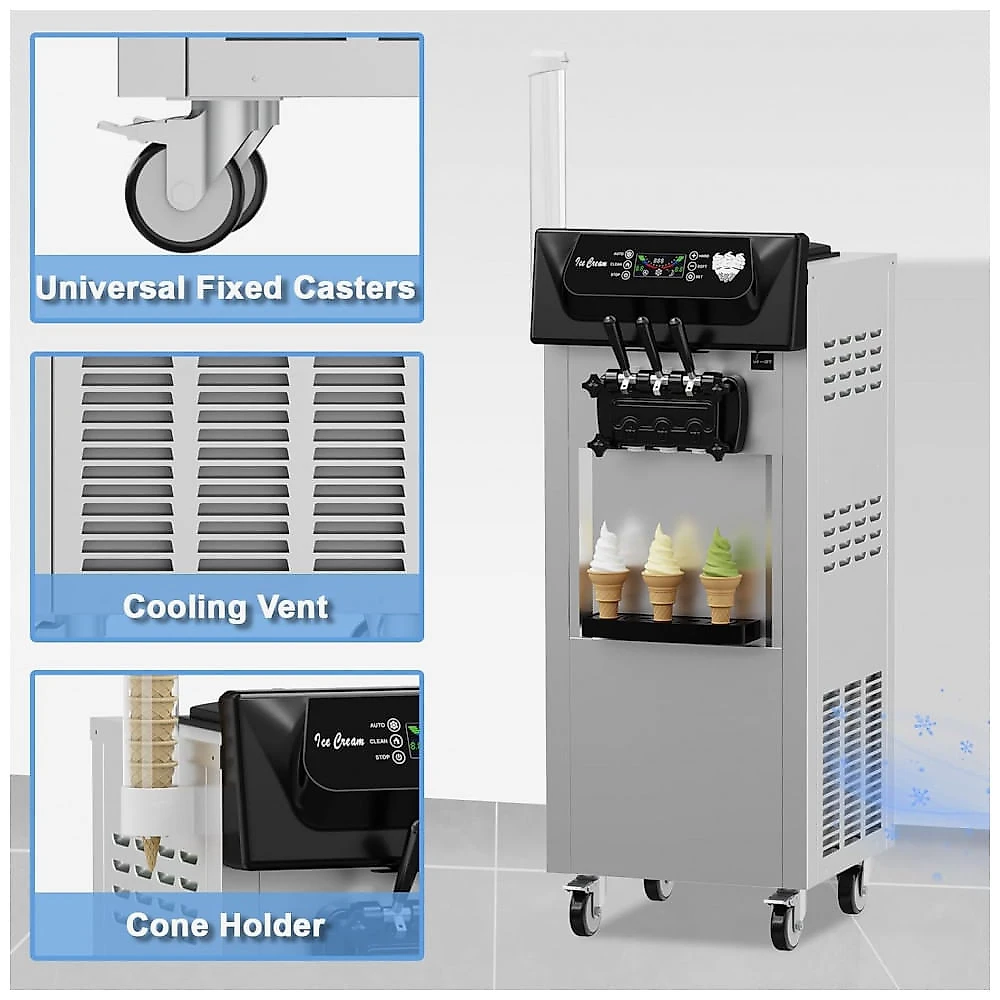 Máquina de Sorvete Comercial PioneerWorks Prata 3 Sabores 2200W Compressor Duplo 7L x 2 LCD Automática Alta Produção 220V