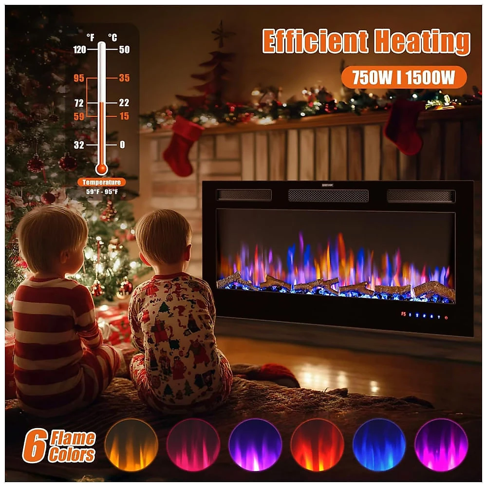 Lareira Elétrica de Embutir A45x106L cm com Controle Remoto, Cor e Brilho da Chama Ajustáveis 110V 1500W, FLAME SHADE, Preta 110v
