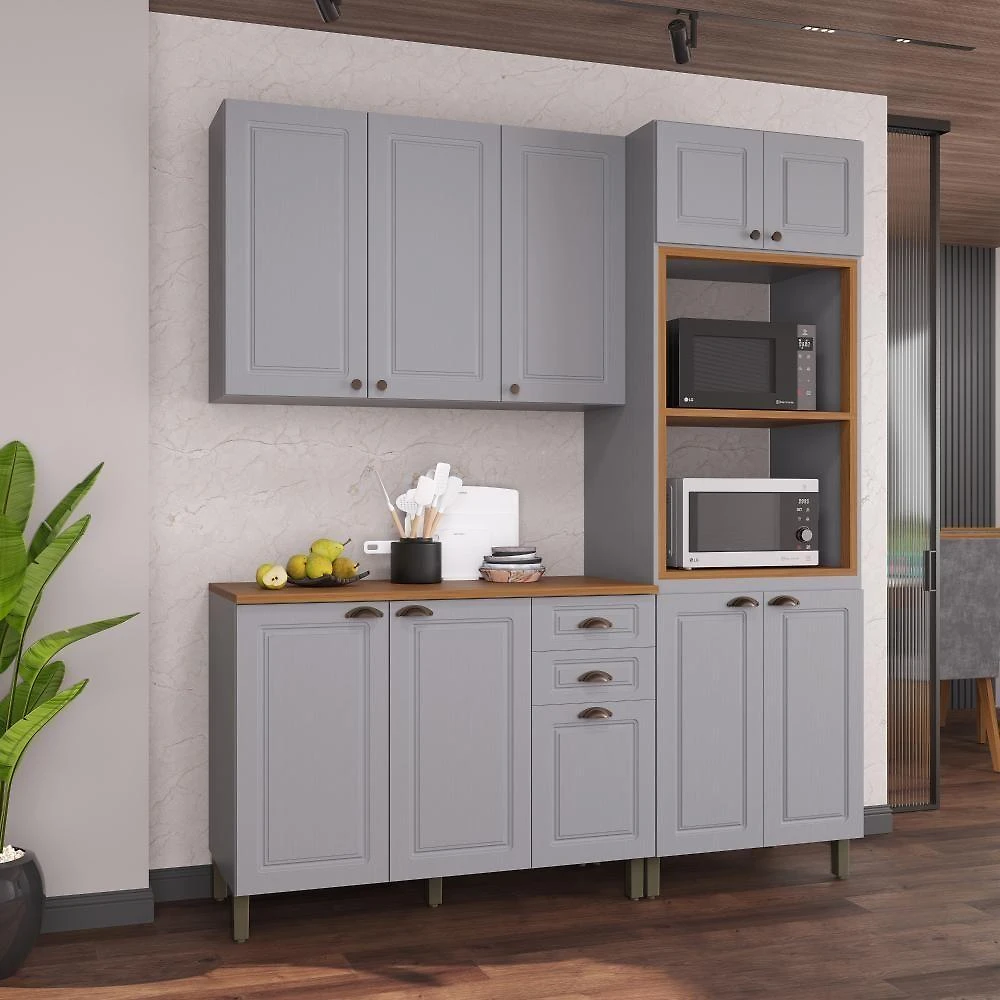 Cozinha Compacta Modulada Nara 10 Portas 2 Gavetas MDF Titânio Fidelita Móveis