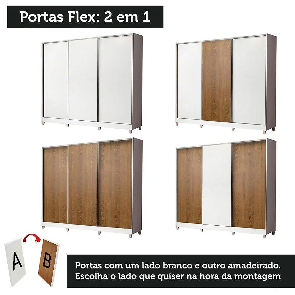 Guarda roupa juvenil 100% mdf madesa kevin 3 portas de correr com pés - branco