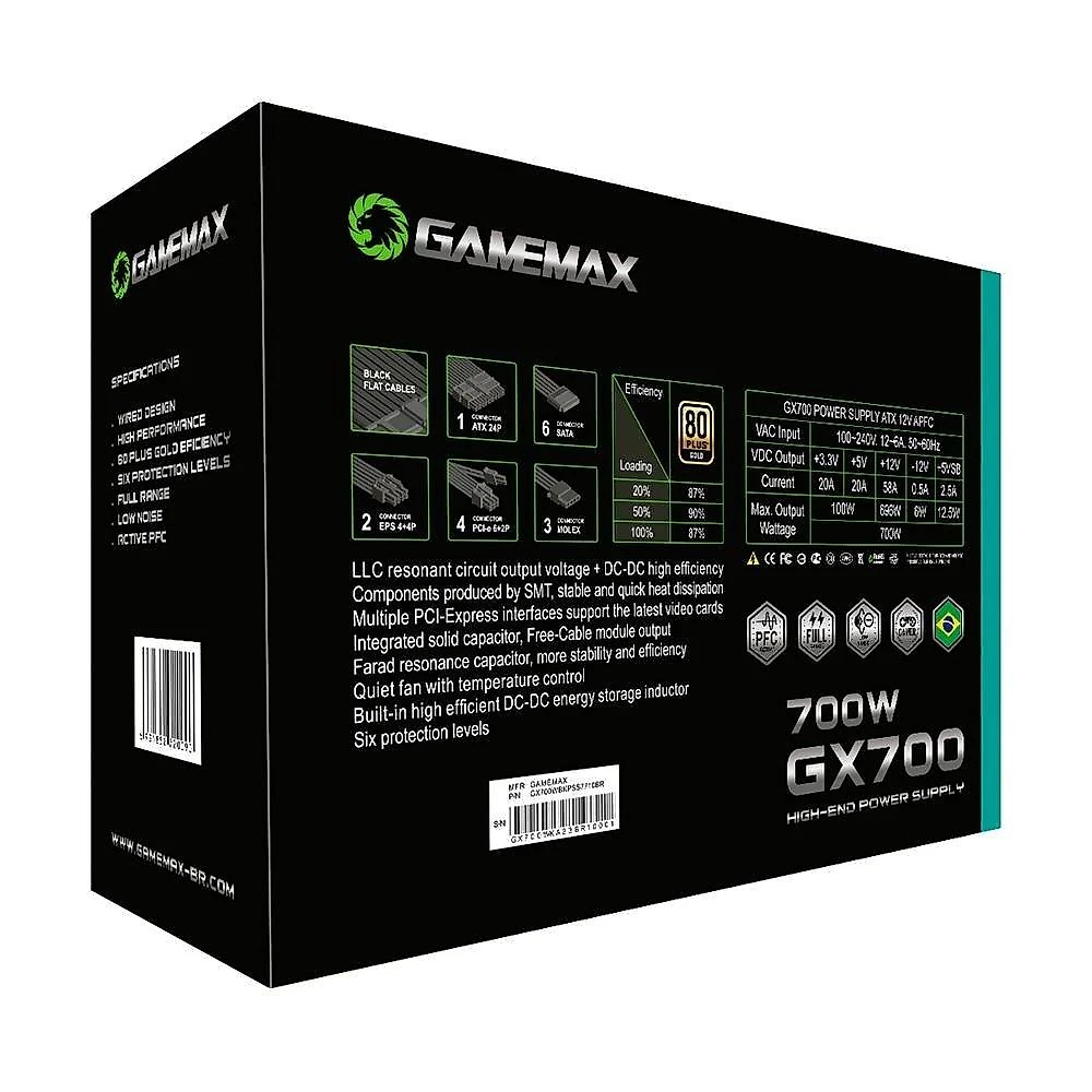 Fonte Gamemax GX700, 700W, 80 Plus Gold, PFC Ativo, Com Cabo, Preto - GX700WBKPSS7710BR