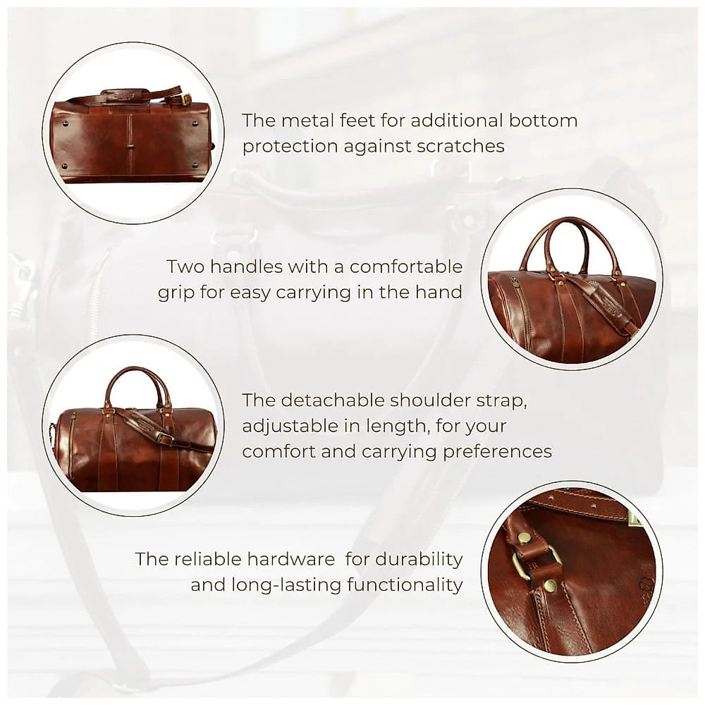 Bolsa de Viagem Masculina Clássica de Couro, TIME RESISTANCE, Marrom Escuro