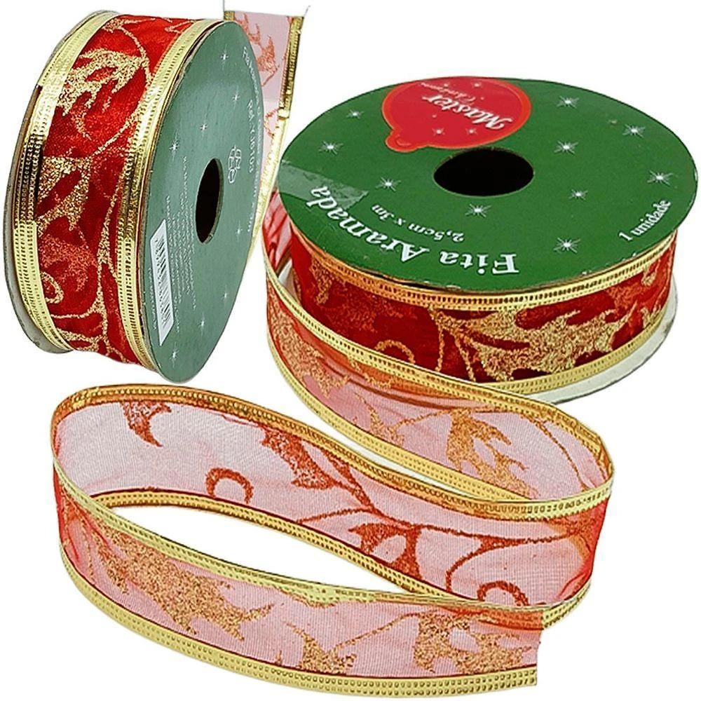 Kit 12 Rolos Fita Aramada Natalina com Gliter Vermelho para Artesanato