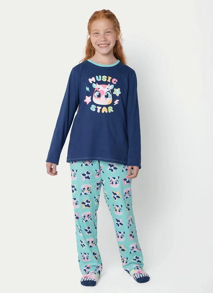 Pijama manga longa algodão menina teen vaca moosic 10