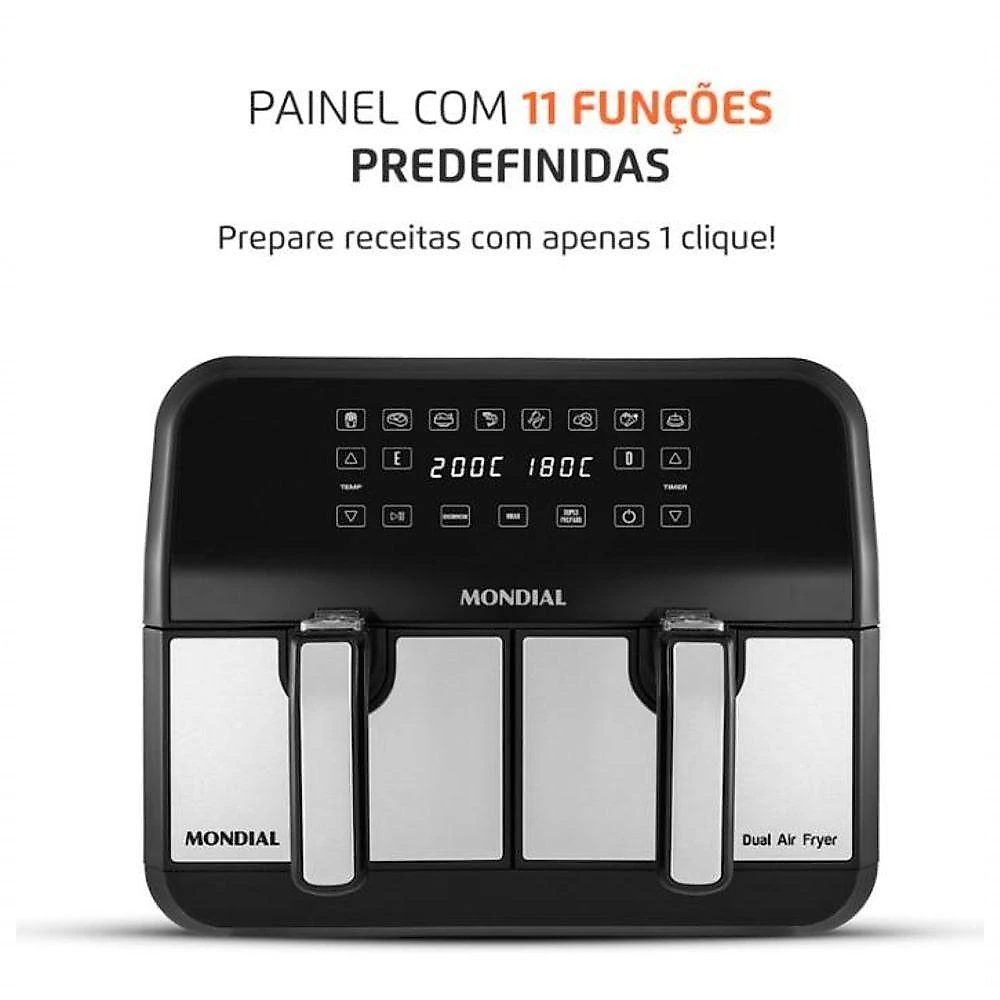 Fritadeira Air Fryer Dual Mondial AFD-01-BI 8L com Timer e Cestos Removíveis Preto Inox 110V