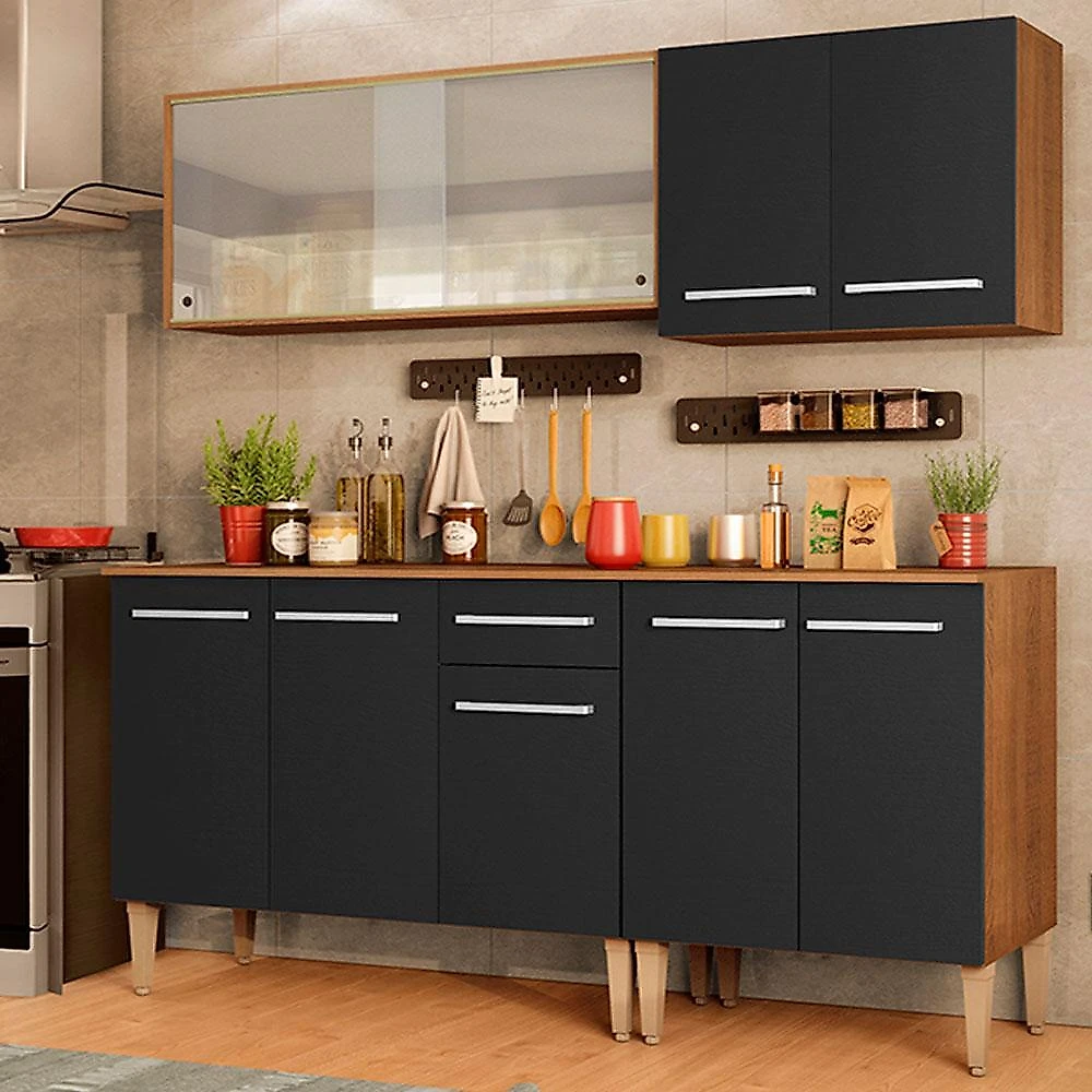 Cozinha completa madesa emilly box com balcão e armário vidro - rustic/preto