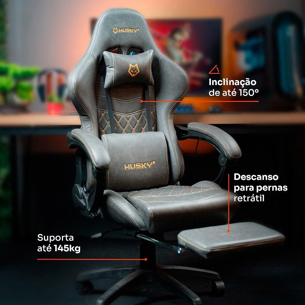 Miniatura Cadeira Gamer Husky Tempest 700, Até 145kg, Almofadas, Reclinável 150º, PU, Descanso para Pés, Cinza - HCG700CZ