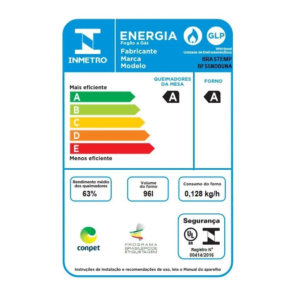 Fogão de piso 5 bocas glp brastemp bfs5ndb mesa inox branco bivolt