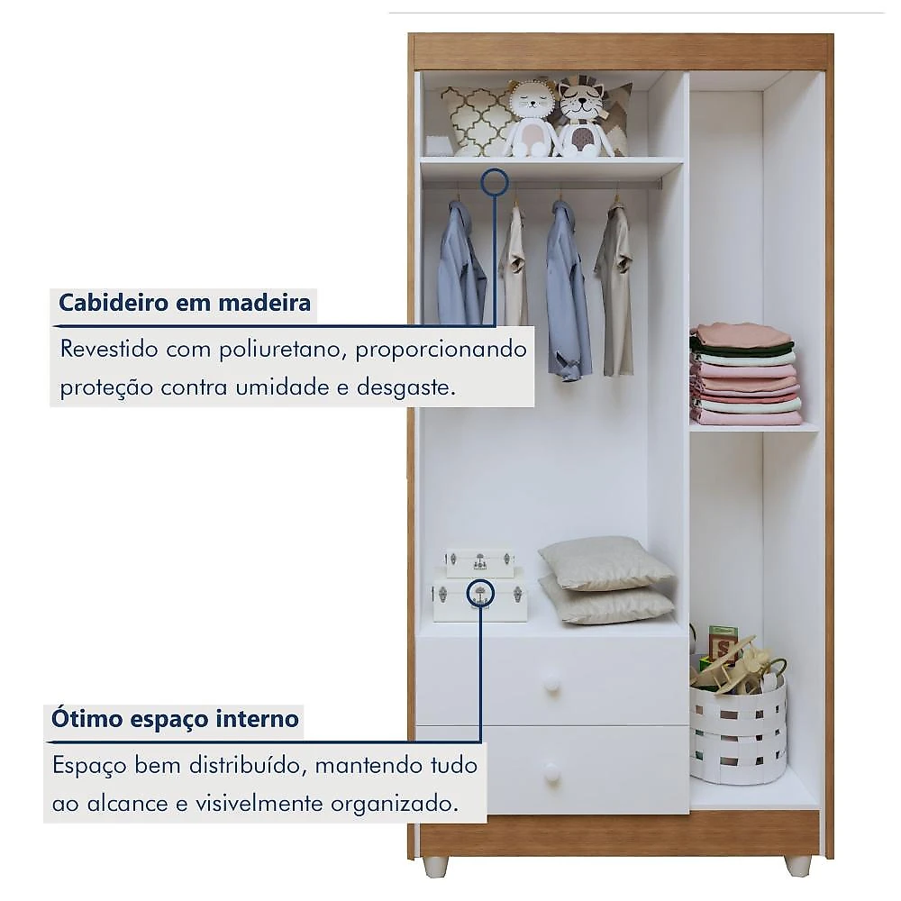 Quarto de Bebê Completo com Cômoda, Berço com Colchão e Guarda Roupas Mila Branco/Amadeirado