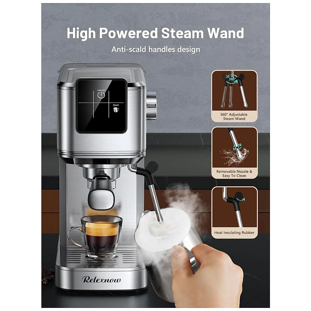 Cafeteira Espresso RELEXNOW Inox 20 Bar LCD 1,2L Vaporizador de Leite Café Quente e Gelado 110V