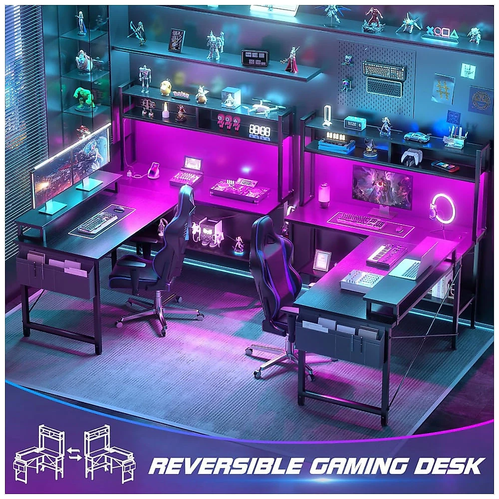 Mesa Gamer em L Aheaplus Preta com Tomadas Elétricas, Luzes LED, Suporte para Monitor e Prateleiras, 49 polegadas (124 cm)