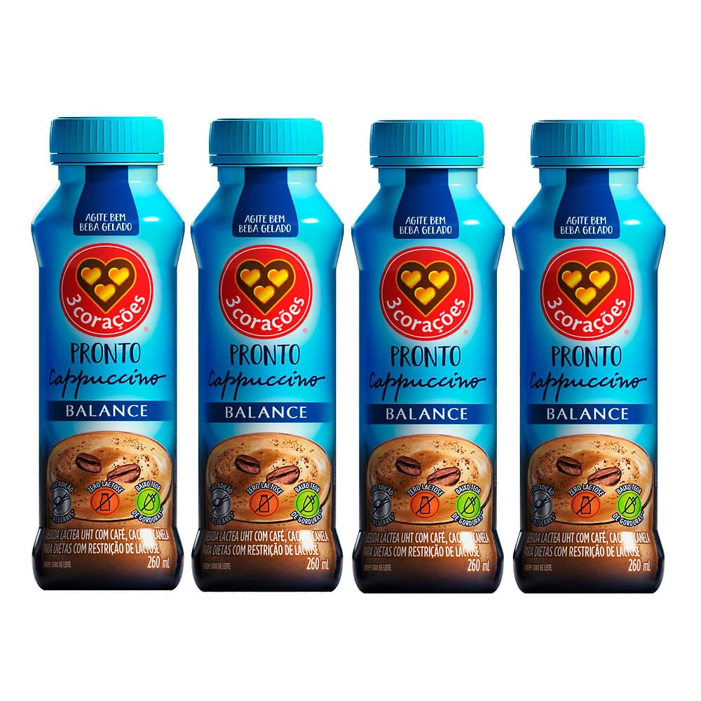 Kit 4 Cappuccino Pronto Balance 3 Corações Zero Lactose 260ml